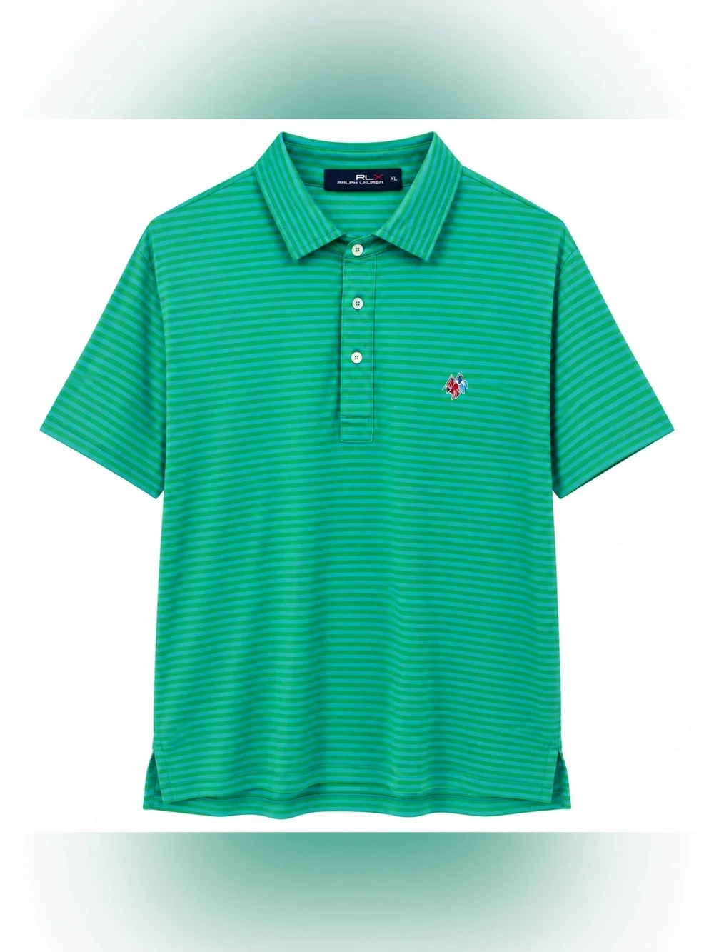 RLX Ralph Lauren Men’s XL Golf Polo Green Blue Stripe Union Jack Crossed Flags